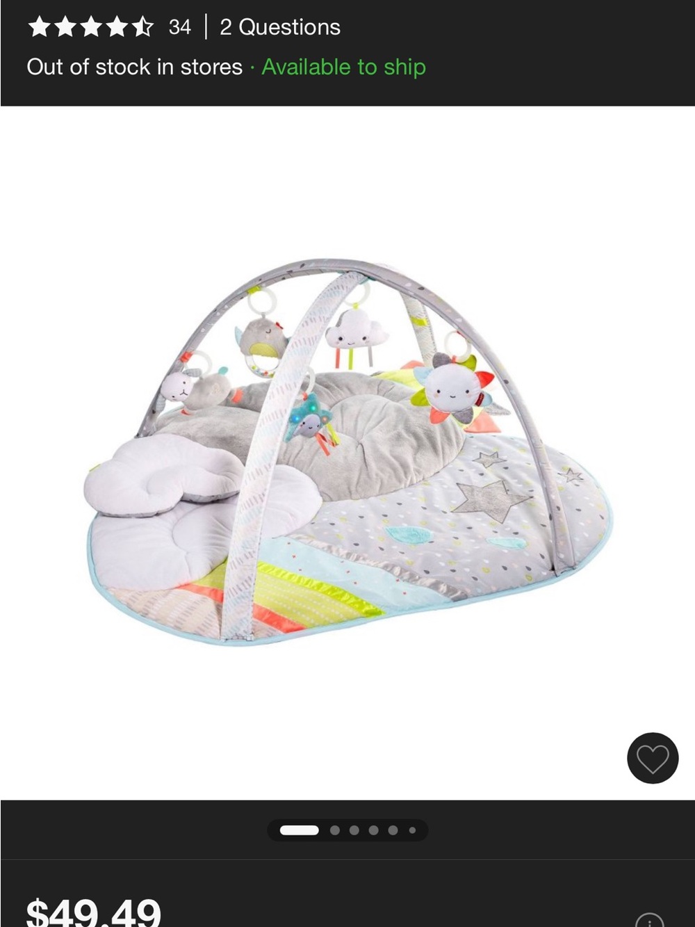 Skip Hop Gray & Pastel Plush Baby Play Gym with Hanging Sun and Cloud Toys